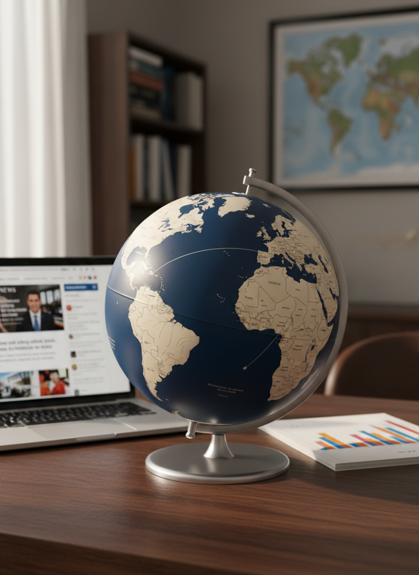 Un globo terráqueo moderno de acabado mate azul profundo y continentes en tonos marfil, con líneas finas que marcan fronteras y rutas aéreas plateadas. Está ubicado sobre un escritorio de madera oscura impecablemente ordenado, junto a un portátil delgado abierto en una página de noticias y un bloc con gráficos de barras a todo color. Luz natural de tarde entra por una ventana lateral, generando reflejos suaves sobre la esfera y sombras definidas sobre la superficie. La atmósfera es profesional y enfocada, ideal para un portal informativo global. Composición fotográfica realista a nivel de mesa, con el globo en regla de tercios y fondo ligeramente desenfocado para resaltar el tema de “noticias del mundo”.