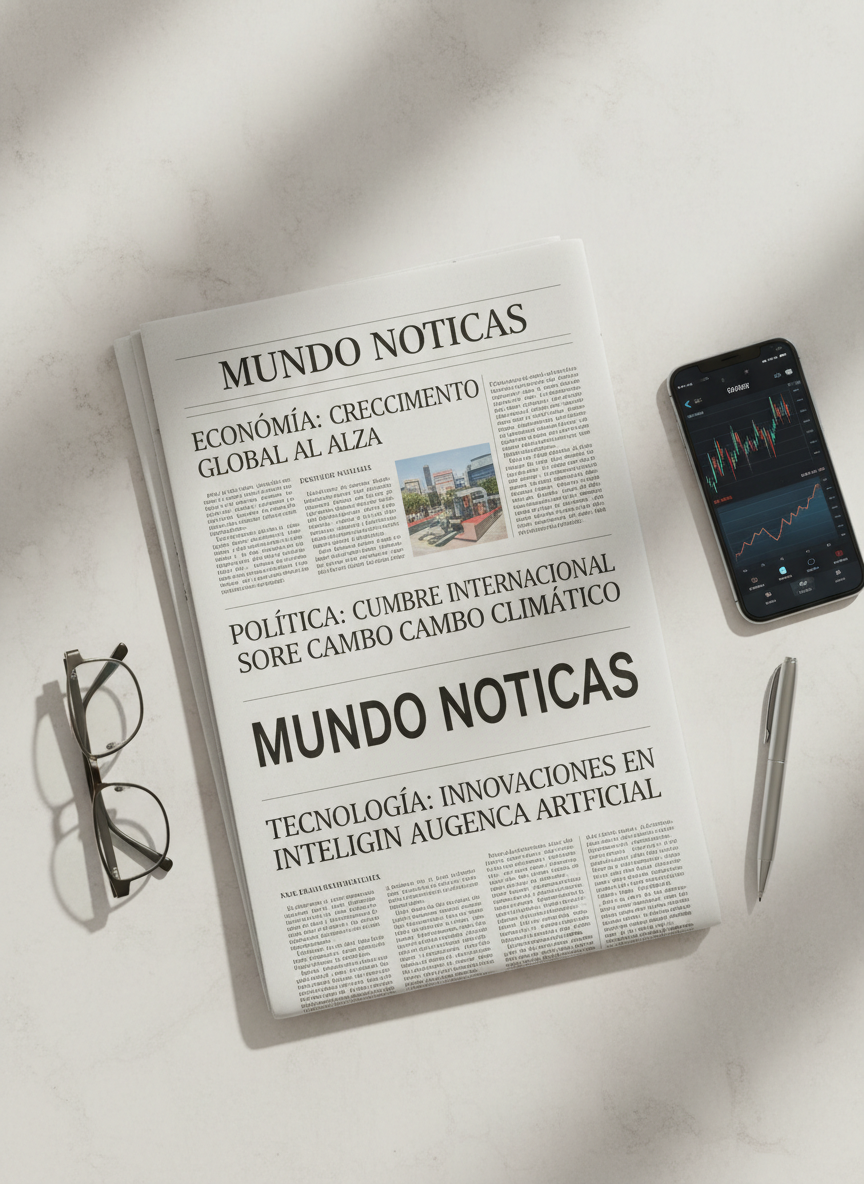 Un periódico impreso de diseño elegante, doblado sobre una mesa de piedra clara, con titulares nítidos sobre economía, política y tecnología, y una sección destacada titulada “Mundo Noticias”. Alrededor, se ven un par de gafas de lectura metálicas, un bolígrafo estilizado y un smartphone que muestra gráficos de datos en tiempo real. Luz de mañana entra en diagonal desde una ventana fuera de plano, creando un contraste suave y sombras delicadas. El ambiente es sobrio y analítico, ideal para un medio serio. Fotografía realista a vista cenital, con composición ordenada y líneas limpias que evocan rigor, claridad y actualidad informativa.