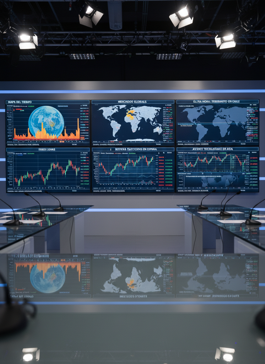 Un conjunto de pantallas de alta resolución montadas en una pared de estudio de noticias, cada una mostrando mapas meteorológicos, gráficos financieros y titulares breves de distintas regiones del planeta, todos en español. La sala es amplia, con mesas de cristal pulcro y micrófonos apagados, sin presencia humana. La iluminación es una mezcla de luces de estudio frías y sutiles luces azules de acento que aportan un ambiente tecnológico y profesional. La composición fotográfica realista se toma desde un ángulo ligeramente bajo, abarcando varias pantallas en perspectiva profunda, con nitidez en primer plano y ligera caída de foco hacia el fondo, transmitiendo dinamismo informativo y credibilidad periodística.